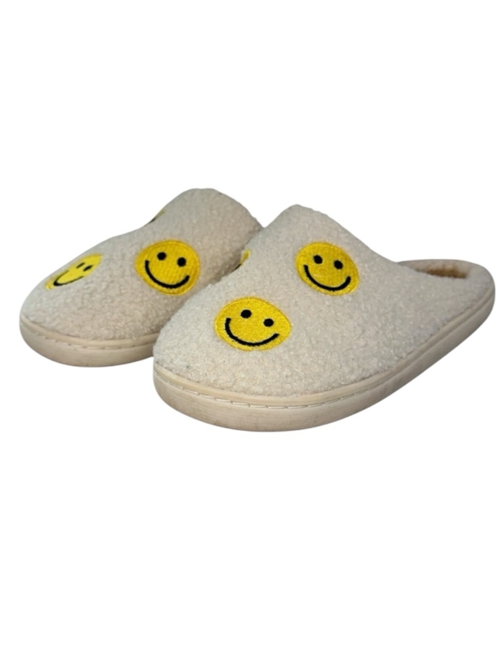Smiley Face Sherpa Slippers Cream Tan Cozy House Shoes Indoor/Outdoor Size 7-8